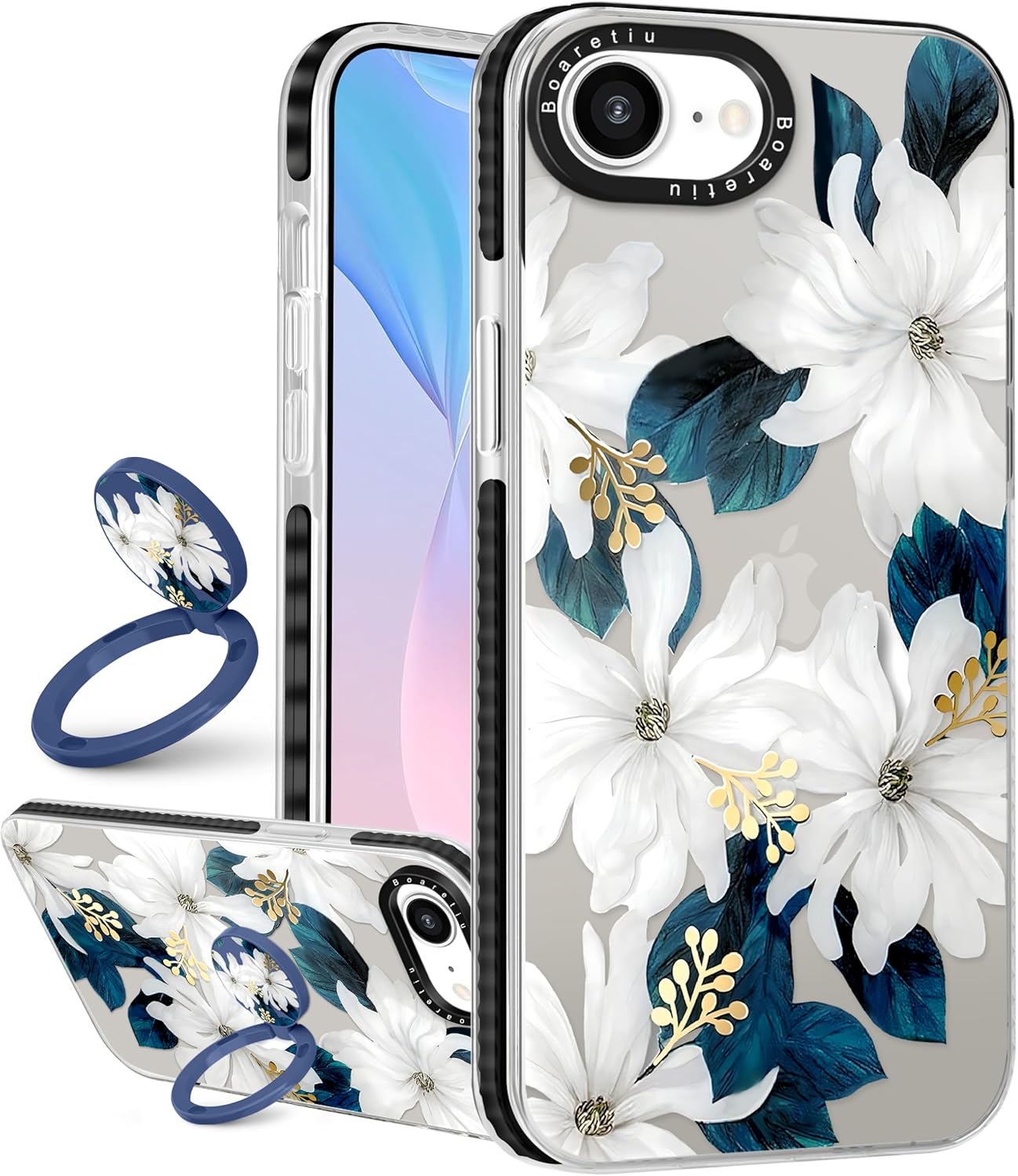 Boaretiu Cute Kawaii for iPhone 16e Case with Stand – Fashion Cool 360° Rotate Ring Holder Kickstand Blue Flower Design for Women Girls Boys Teens Girly for iPhone 16e Phone Case