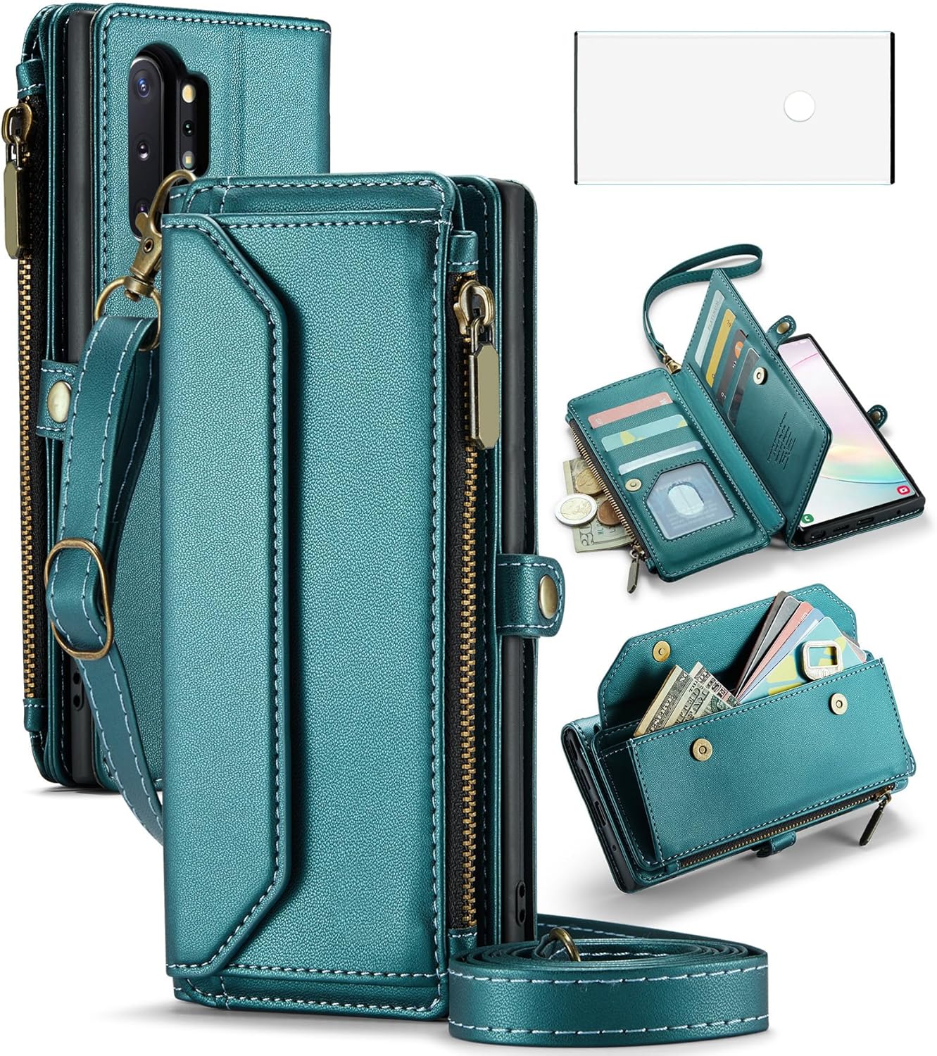 Asuwish Phone Case for Samsung Galaxy Note 10 Plus Keep in mind 10 + 5 G Zipper Budget Cover with Display Guard and Flip RFID Blocking Card Holder Cell Note 10 + Notes 10 + Ten Not S 10 10 Plus Female Girls Eco-friendly