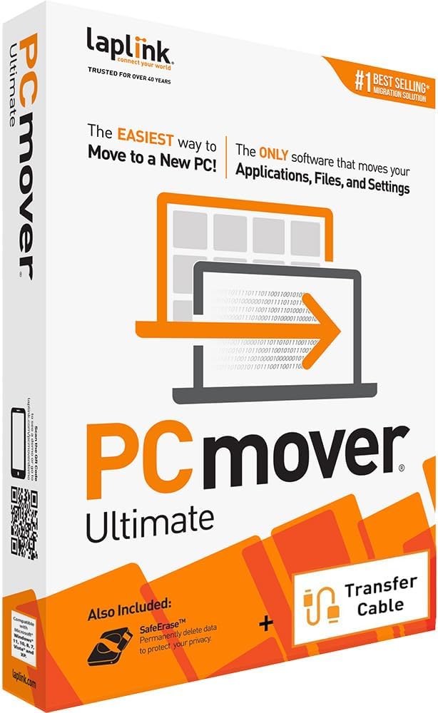 Laplink PCmover Ultimate 11 – Migration of your Applications, Files and Settings from an Old PC to a New PC – Data Transfer Software – With Optional High Speed Ethernet Cable – 1 License