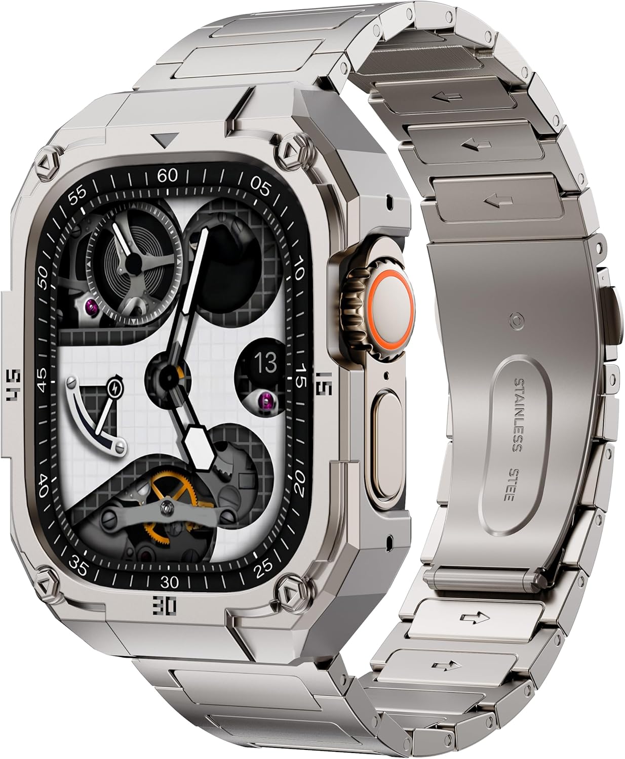 Mechanical Metal Watch Case with Band Compatible with Apple Watch 49mm 46mm 45mm 44mmUltra 2/1 Series 10 9 8 7 6 5 4 Band,Stainless Steel Case iwatch Band Strap for Men
