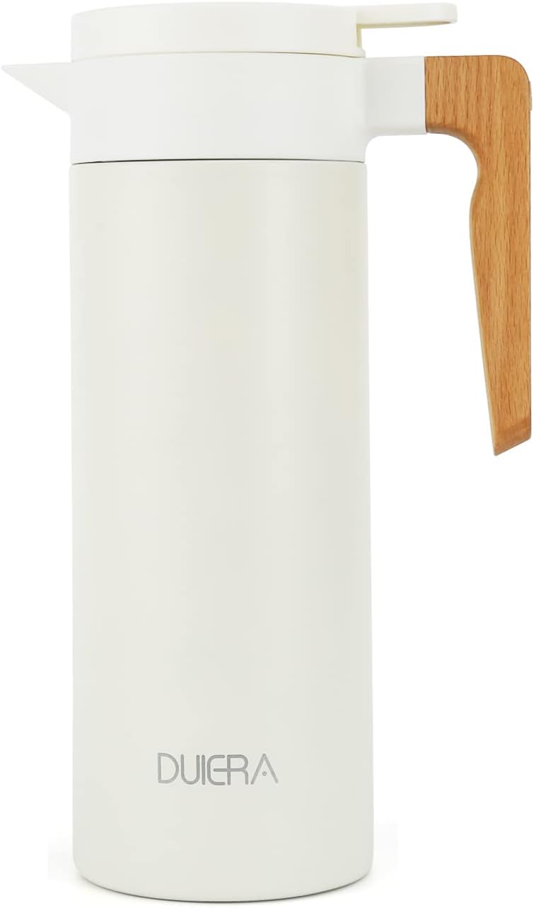 DUIERA 51 oz Coffee Carafe Double Walled Thermal Carafe Stainless Steel, 1.5 L Beverage Dispenser Keeping Hot/Cold – White