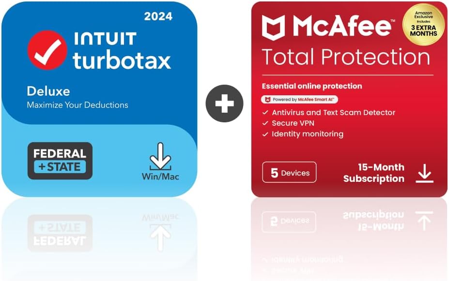 TurboTax Deluxe 2024 Tax Software, Federal & State [PC/MAC Download] & McAfee Total Protection 5 Devices