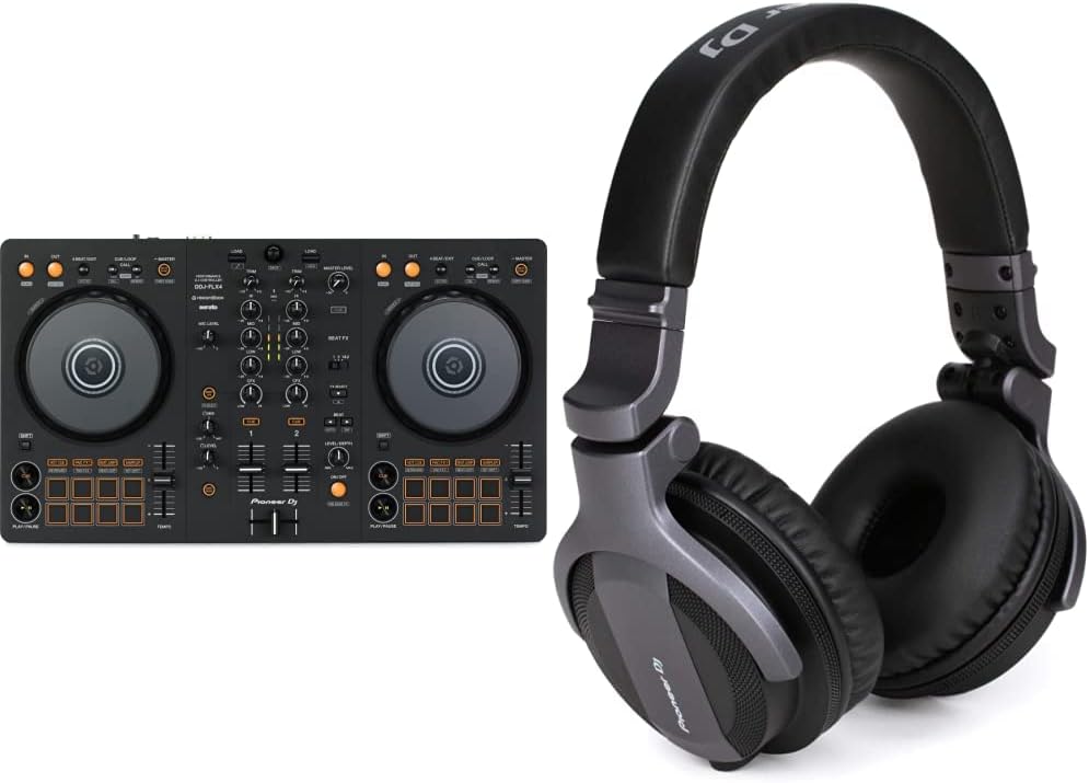 Pioneer DJ DDJ-FLX4 2-deck Rekordbox and Serato DJ Controller – Graphite and Pioneer DJ CUE1 On-Ear DJ Headphone – Black