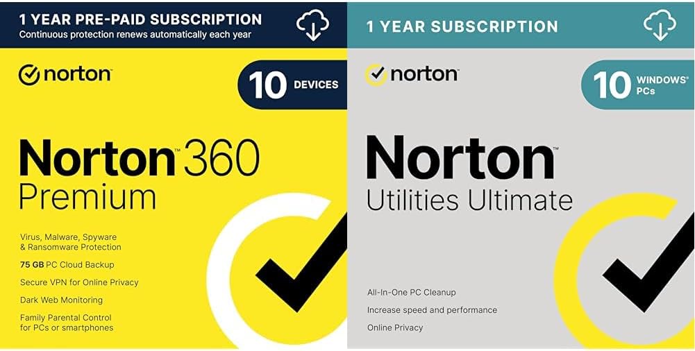 Bundle – Norton 360 Premium, for 10 Devices – Includes VPN, Cloud Backup & Dark Web Monitoring [Download] + Norton Utilities Ultimate – cleans and speeds up your PC, Windows PCs only [Download]