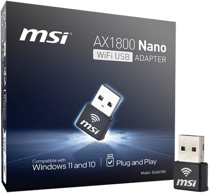 MSI AX1800 Nano WiFi USB Adapter – WiFi 6, up to 1800 Mbps, 2.4G/5G Dual-Band Wireless Network, WPA3 encryption, MU-MIMO, OFDMA, 2X Dual Antennas, Windows 11/10