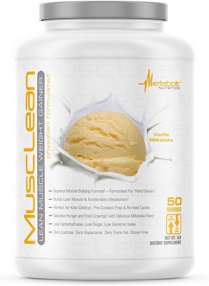 Metabolic Nutrition – Musclean – Milkshake, Whey High Protein Meal Replacement, Maintenance Nutrition, Low Carb, Keto Diet, Digestive Enzymes, Vanilla, 5 Pound (50 ser)