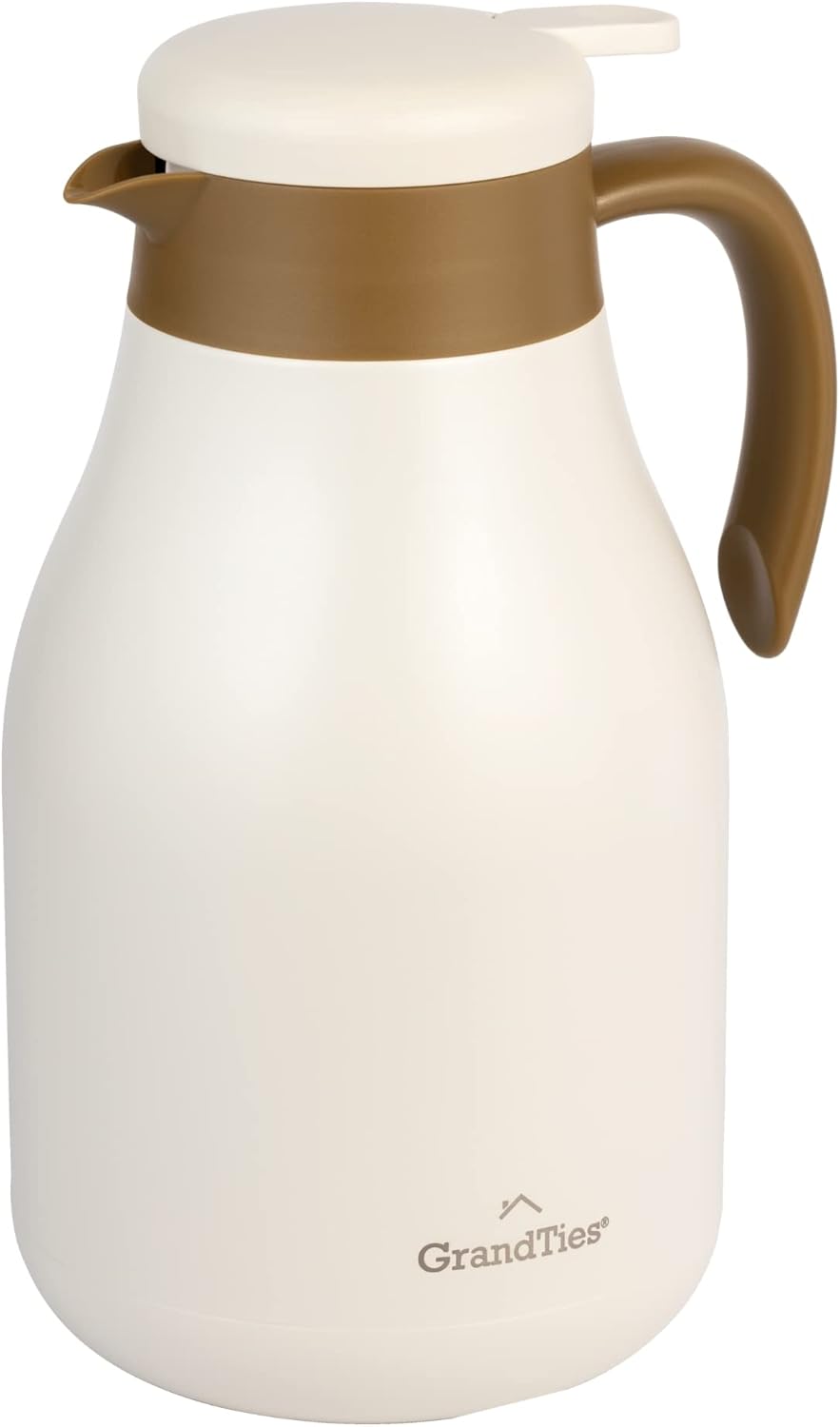 GrandTies 61oz Stainless Steel Thermal Coffee Carafe – Insulated Double Walled Vacuum Coffee Thermos, Coffee Pot, Hot Water Dispenser – Thermos for Hot Drinks, 12 Hour Heat Retention (White/Khaki)