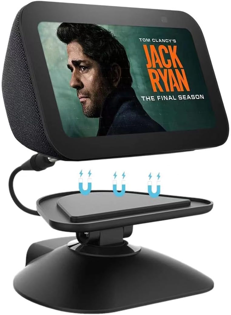 All-New Adjustable Charging Stand for Echo Show 5 (3rd Gen)， Tilt + Swivel Stand Multi Angle Rotation Magnetic Anti-Slip Base for Show 5 Compatible with Mobile Phones ,Can charge Headphones (Black)