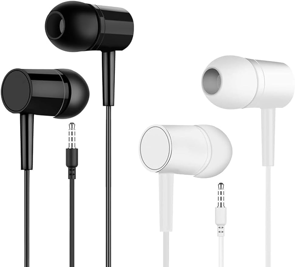 2 Pack Wired Earbuds in-Ear Headphones, Earphones with Microphone, 3.5 mm Jack Corded Ear Buds, and Noise Isolation in-Ear Headset, Convenient for Travel, Kids, School Students-(Black & White)