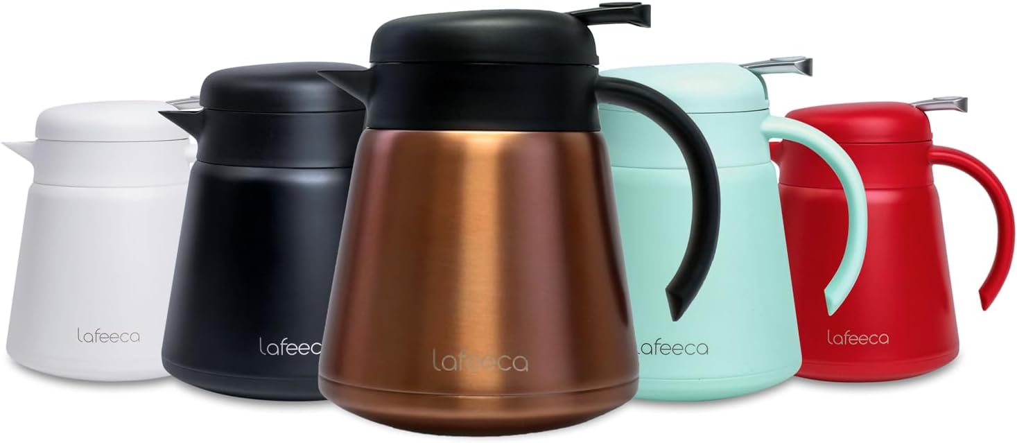 Thermal Coffee Carafe Tea Pot Stainless Steel, Double Wall Vacuum Insulated | Cool Touch Handle | Hot & Cold Retention | Non-Slip Silicone Base | BPA Free Copper