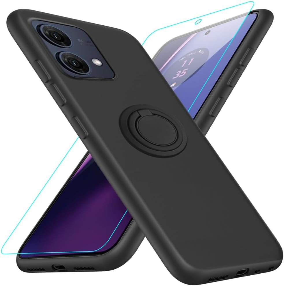 Compatible for Motorola Moto G84 5G Phone Case with Glass Screen Protector, 360° Rotatable Ring Holder Kickstand/Stand Silicone TPU Protective Cover Case for Motorola Moto G84 5G XT2347 – Black