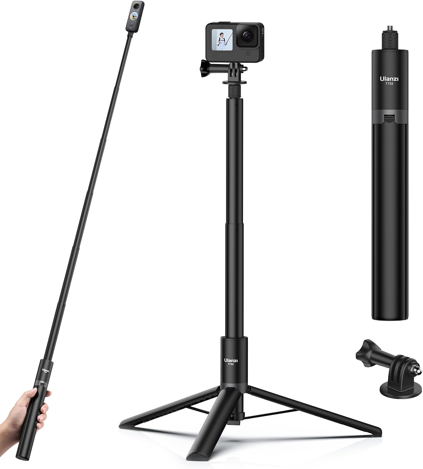 59in Invisible Selfie Stick Tripod for Insta360 X5/X4/GO 3/X3/ONE RS/ONE X2/ONE X/GO 2/ONE R/ONE, ULANZI TT52 Extension Pole Adjustable Waterproof Handle Grip for GoPro DJI Osmo Pocket 3 Tripod