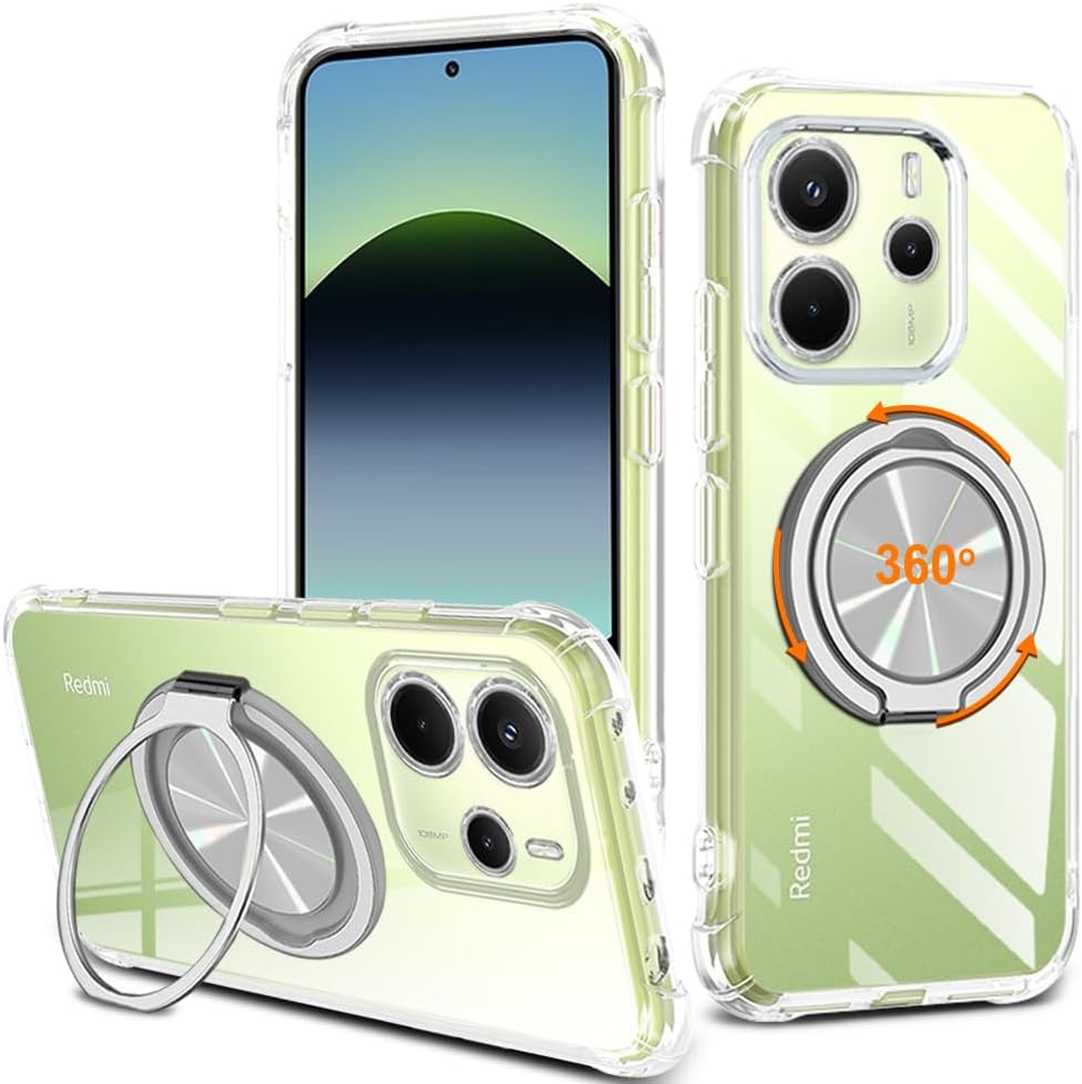 for XiaoMi RedMi Note 14 5G Phone Case, 360° Rotatable Ring Holder Kickstand/Stand [Non Yellowing] Transparent 4 Corners Shockproof Protective Cover Case for Redmi Note 14 5G 2025 – Crystal Clear
