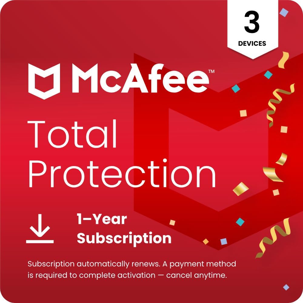 McAfee Total Protection 3-Device 2025 | Security Software Includes Antivirus, Secure VPN, Scam Protection, Identity Monitoring | 1-Year Subscription with Auto-Renewal | Download