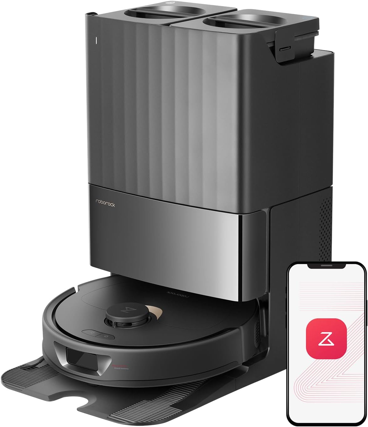 Roborock Qrevo 2R3W Robot Vacuum and Mop, Auto-Drying, Auto Mop Washing, Dual Spinning Mops, Auto Mop Lifting, Self-Refilling, Self-Emptying, Reactive Tech Obstacle Avoidance, 5500Pa Suction, Black