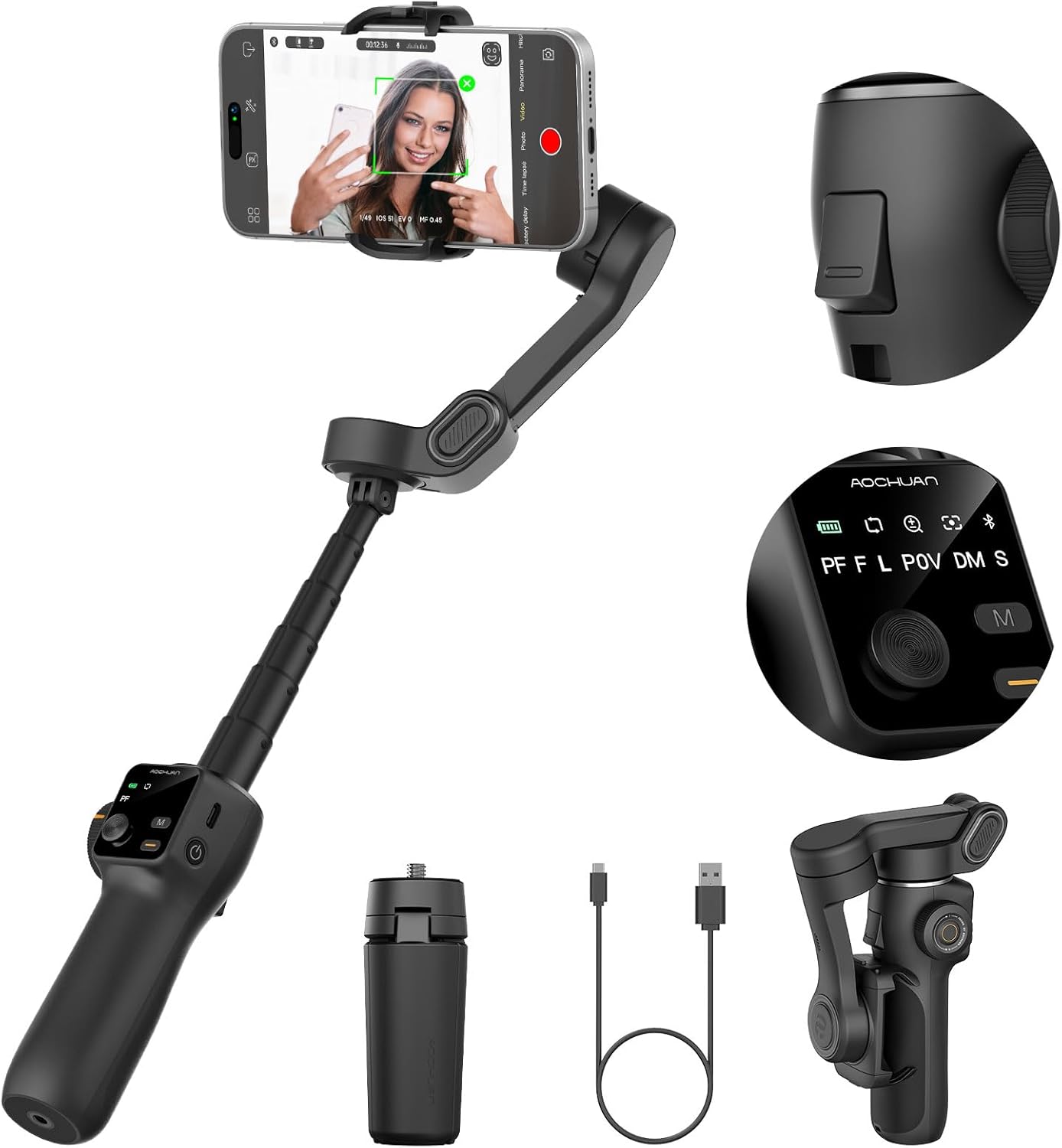 3-axis Gimbal Stabilizer w/Built-in 7.8′ Extension Rod, Vlogging Phone Gimbal w/AI Tracking, Portable Smartphone Holder for iPhone w/Full-Screen OLED Display, Trigger Button Smart V8(Black)