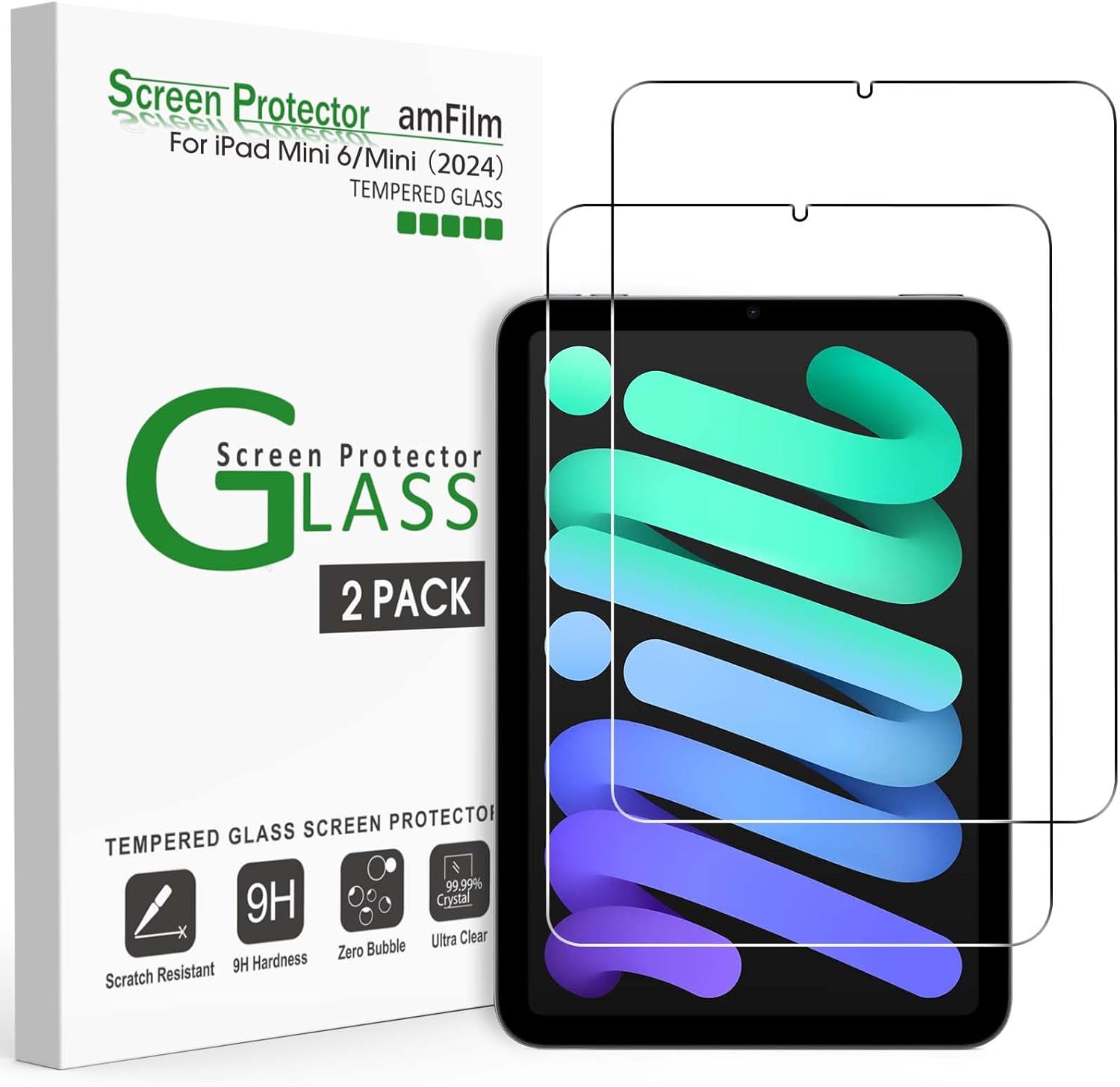 amFilm Screen Protector for iPad mini 7 (2024, 7th Gen) /iPad Mini 6 (2021, 6th Gen), 8.3-Inch Apple Pencil 2nd Compatible 9H Tempered Glass Film, 2 Pack