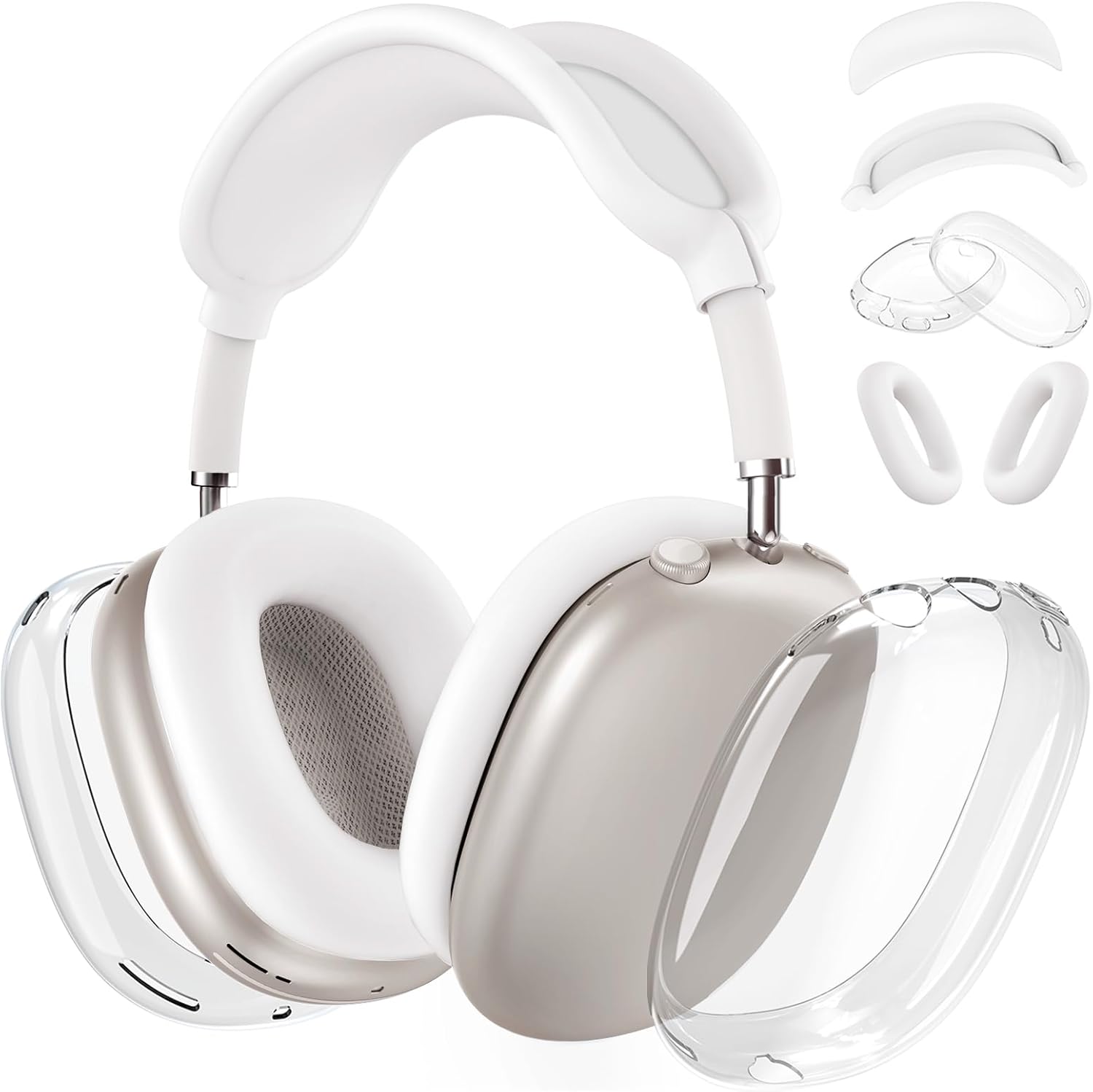 Silicone Case Cover for AirPods Max Headphones,Clear Soft TPU Ear Cups Cover/Ear Pad Case Cover/Headband Cover Transparent Accessories for Apple AirPods Max (2024/2020)(USB-C/Lightning),White [4 in 1]