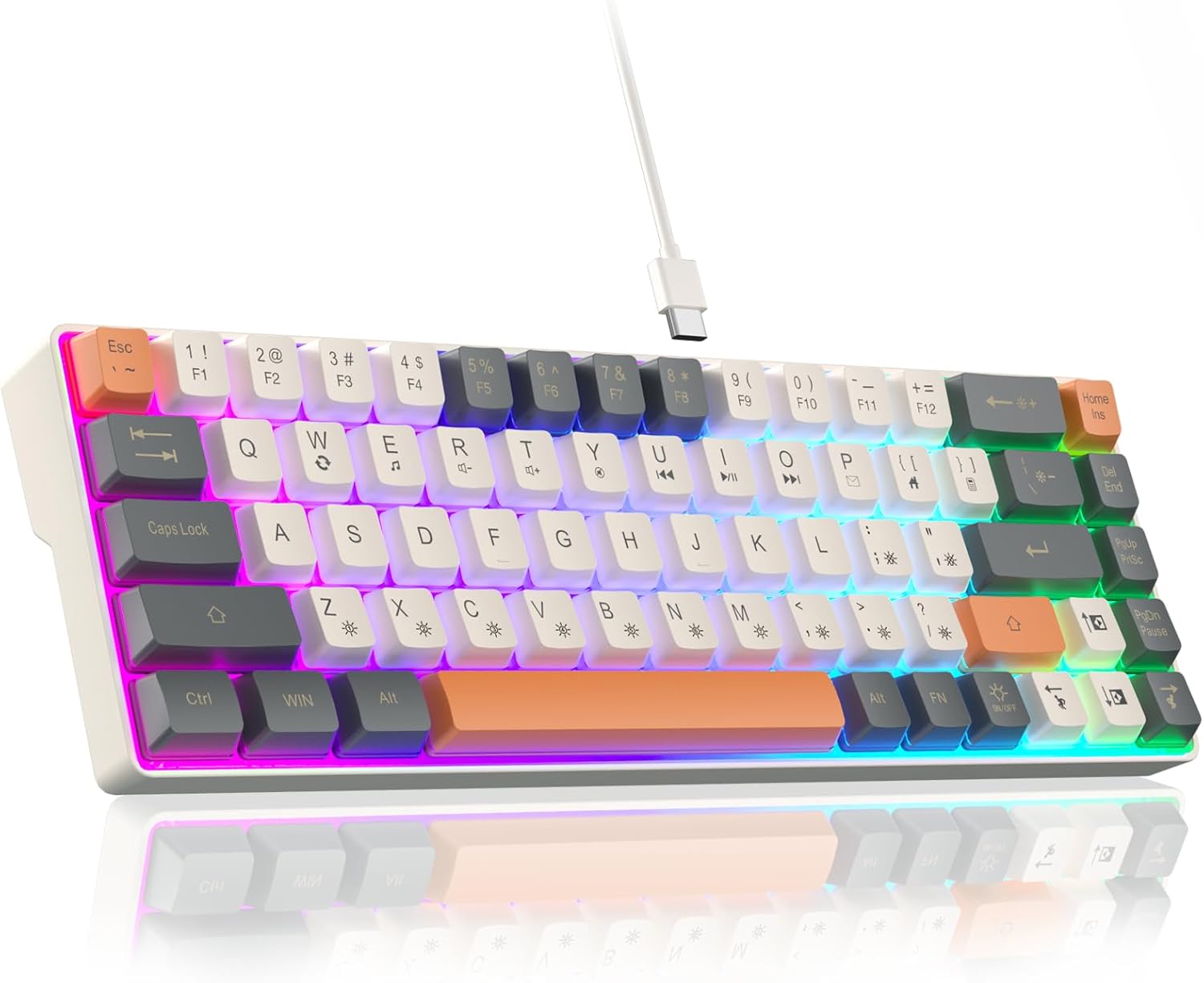60 Percent Keyboard,RGB Backlit Gaming Keyboard USB-C Wired,Portable 68 Keys Compact Mini Keyboards for Business Trips,Office,PC Games (SK968,Grey&Orange)