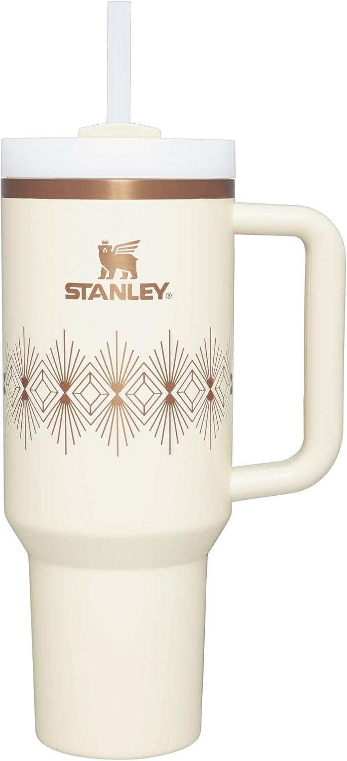 STANLEY Quencher H2.0 Tumbler with Handle and Straw 40 oz | Flowstate 3-Position Lid | Cup Holder Compatible for Travel | Insulated Stainless Steel Cup | BPA-Free | Cream Gloss Deco