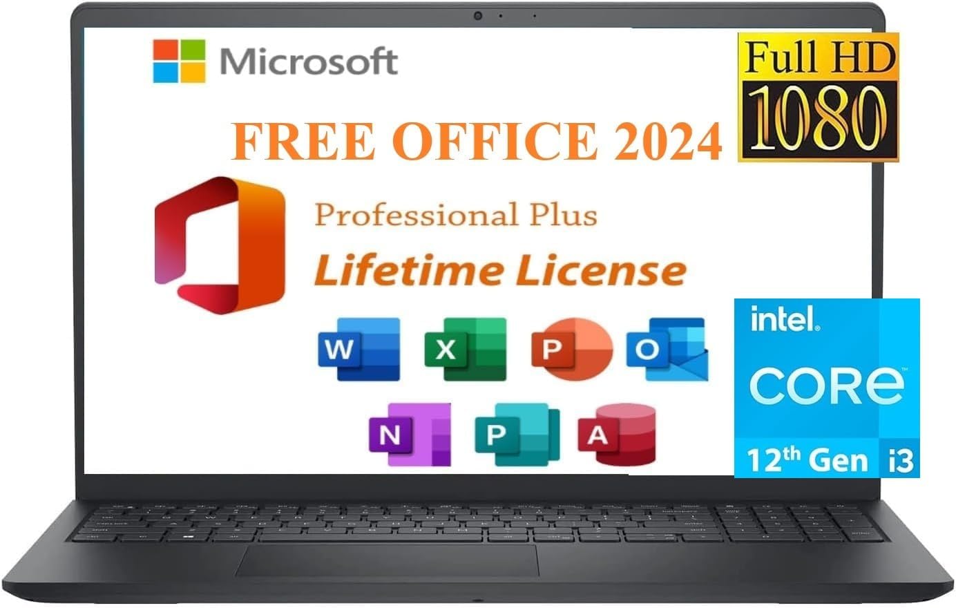 Dell 2024 Inspiron 15 Laptop, Free Microsoft Lifetime Office 2024 & Win 11 Pro, 15.6″ FHD 1920 x 1080, Intel 6-Core i3-1215U Upto 4.4 GHz,16GB RAM, 256GB PCIe SSD,Webcam, Long Battery Life, Black
