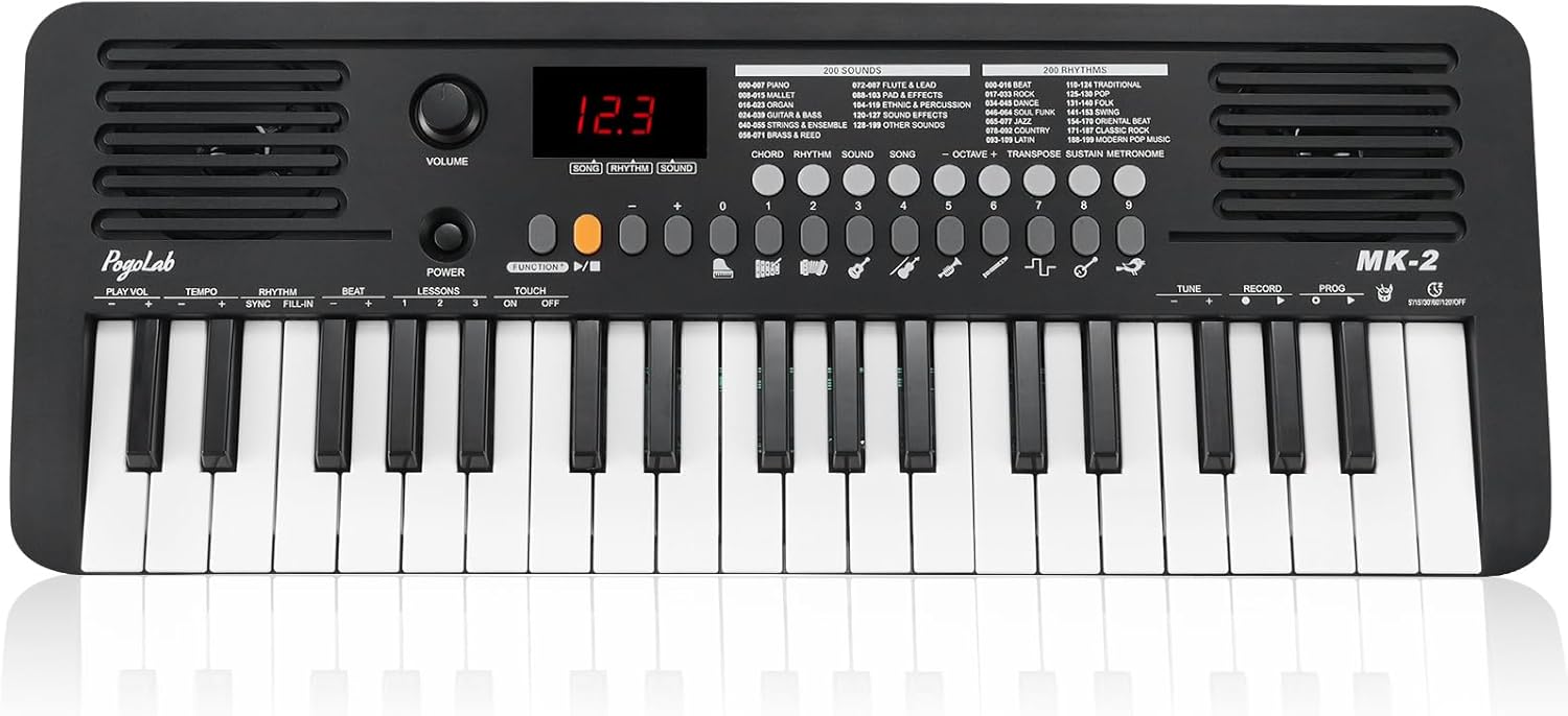 MK-2 37 Mini Keys Keyboard Piano, Portable Small Keyboard with 40 Songs, 200 Sounds, with MIDI Function, LED Display & Dual Speakers, Compact Music Electric Piano for Kids/Beginners (Black)
