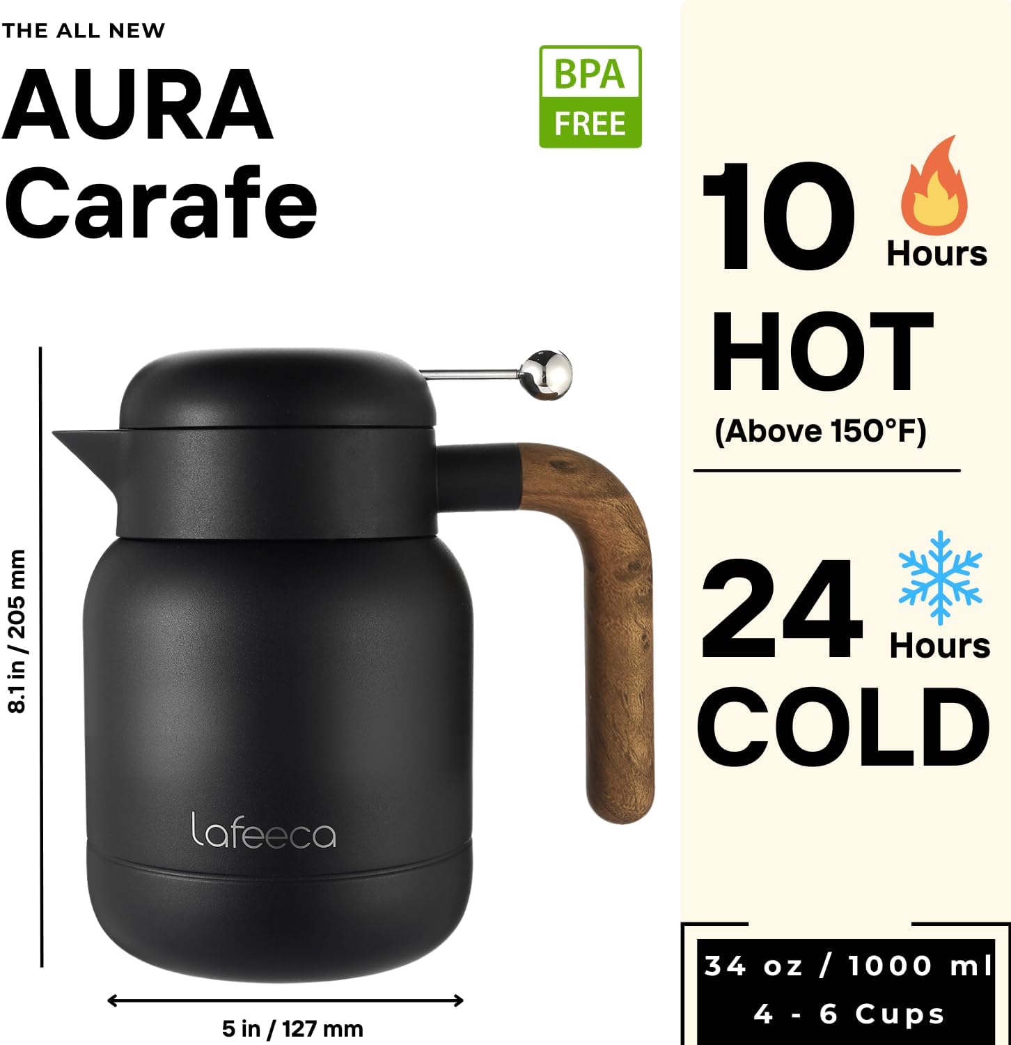 Aura Thermal Coffee Carafe Tea Pot for Keeping Hot & Iced Cold – Vacuum Insulated – Thermos Water Pitcher – Beverage Dispenser – Cool Touch Handle & Lid – BPA Free – 1 Liter – Black