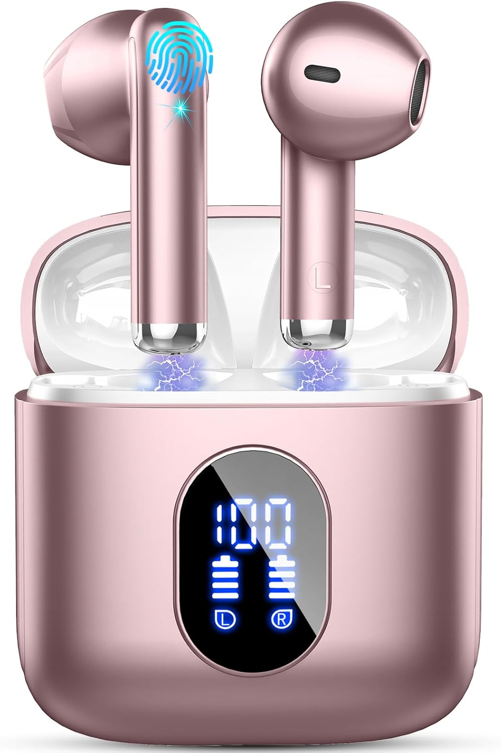 Wireless Earbuds, Bluetooth Headphones 5.4 with ENC Noise Cancelling Mics, 30H Bluetooth Ear Buds 3D Bass with LED Display Charging Case, IP7 Waterproof Wireless Earphones for Android, iOS, Rosegold