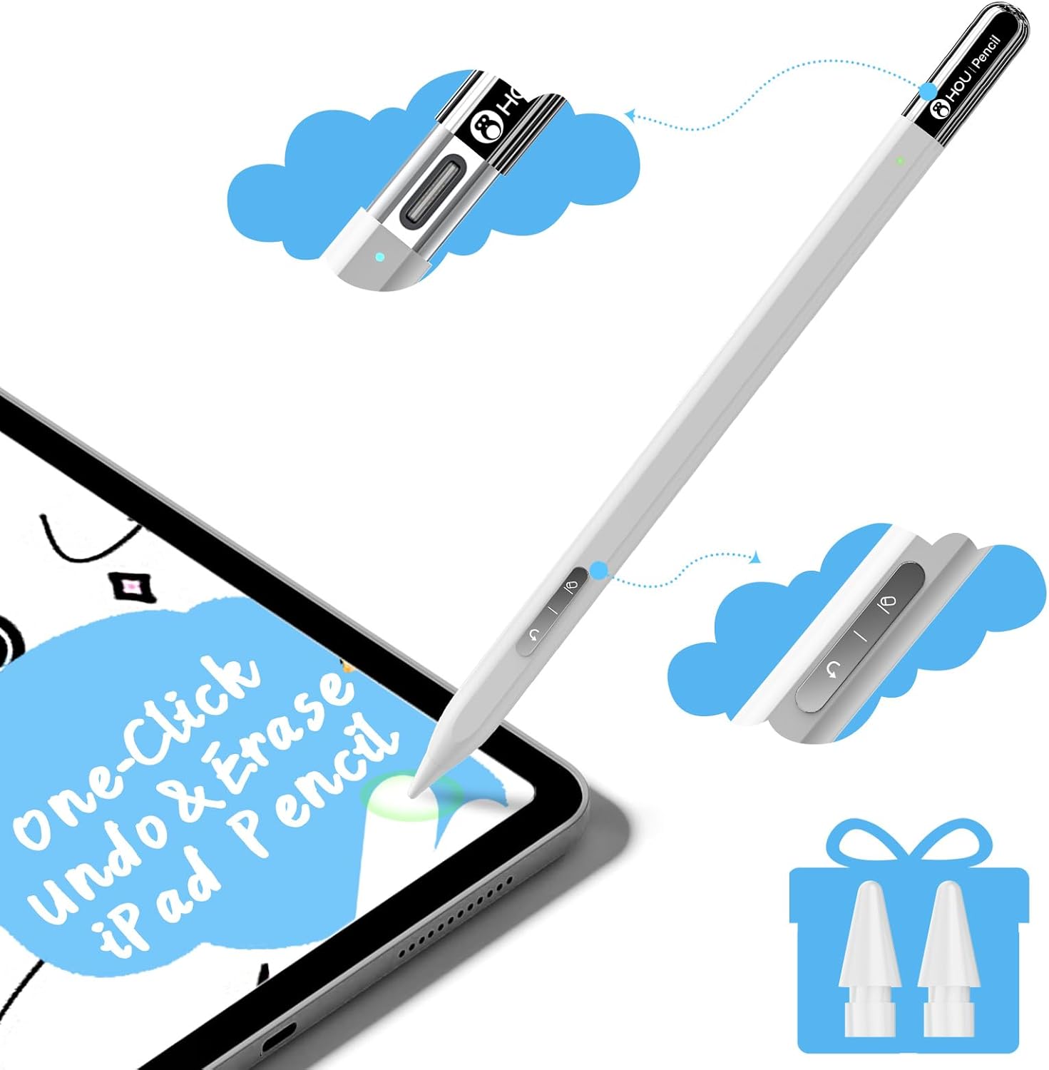 HOU Pencil for Apple iPad, USB-C Charging, Strong Magnetic Suction, Hidden Charging Port, Supports undo&Eraser, Long Battery Life, Stylus Suitable for iPad 11th/10th-6th, Pro, Air, Mini