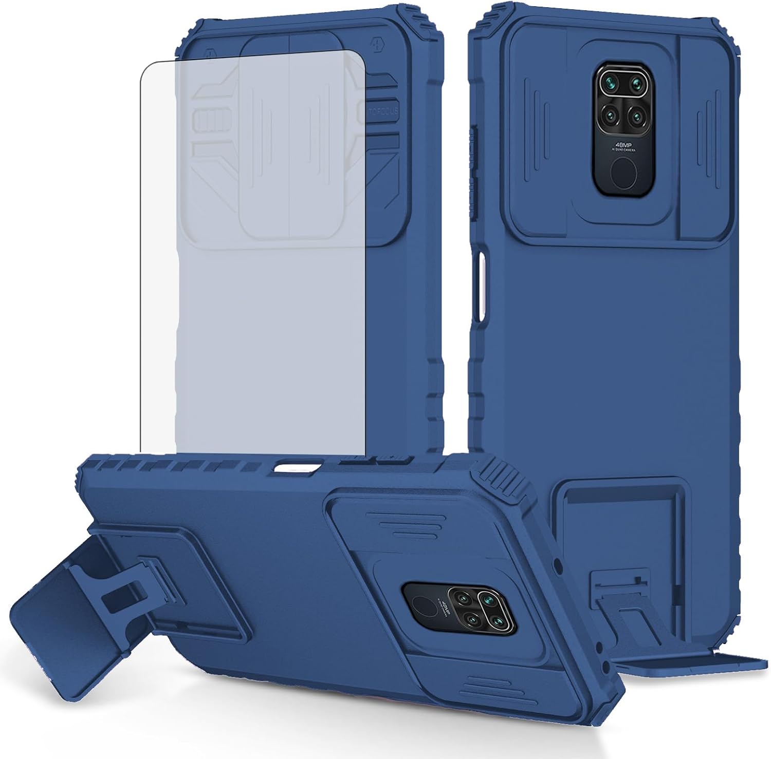 Asuwish Phone Case for Xiaomi Redmi Note 9 / Redmi 10X 4G with Tempered Glass Screen Protector and Slide Camera Cover Kickstand Stand Shockproof Soft Cell Accessories Redme Note9/X10 Women Men Blue