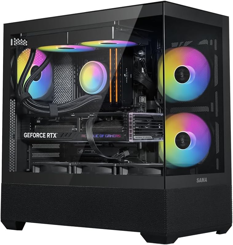 SAMA V40 Mid Tower ATX Case – 6 × 120mm ARGB PWM Fans Pre-Installed, Dual Tempered Glass Panels, Vertical Airflow, Dual-Chamber Design, USB 3.1 Type-C, 7 Slots, Supports ATX/MATX/ITX GPUs, Black