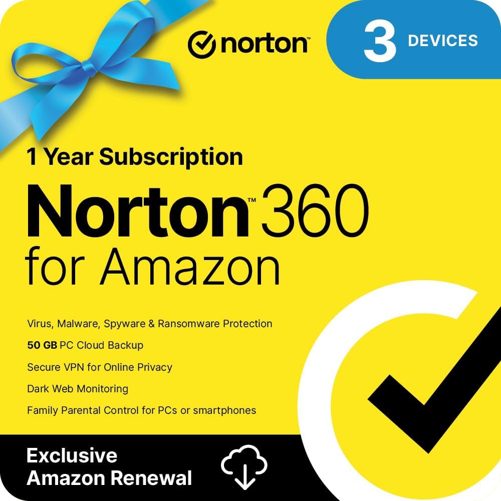 Norton 360 for Amazon, Antivirus software for up to 3 Devices, Includes VPN, Dark Web Monitoring, and PC Cloud Backup, Activation Required [Subscription]