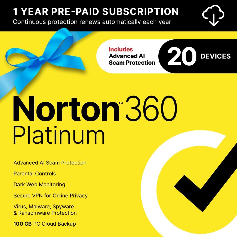 Norton 360 Platinum 2025, Antivirus software for 20 Devices with Auto-Renewal – 3 Months FREE – Includes Advanced AI Scam Protection, VPN, Dark Web Monitoring & PC Cloud Backup [Download]