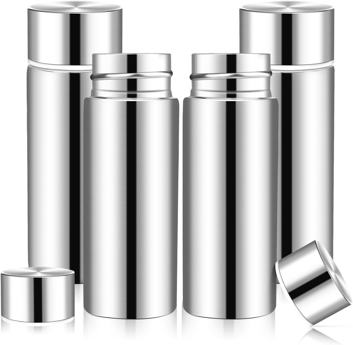 Dualshine 4 Pcs Mini Water Bottle 4.4 Oz Stainless Steel Insulated Thermos Keeps Drink Cold/Hot for Lunch Box Bag Coffee (Silver)