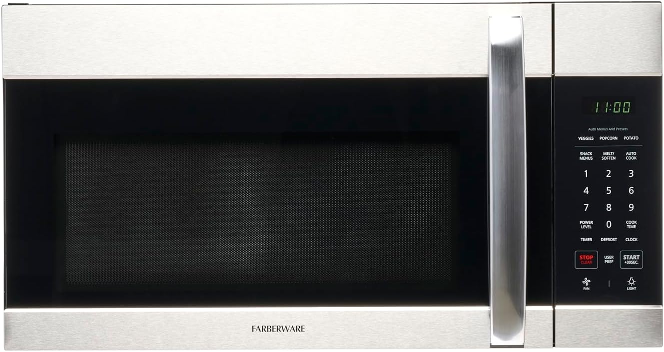 Farberware Over-the-Range Microwave Oven, 1.7 Cu. Ft. – 1000W – Auto Reheat, Multi-Stage Cooking, Melt/Soften Feature, Child Safety Lock, LED Display – Space Efficient & Powerful – Stainless Steel