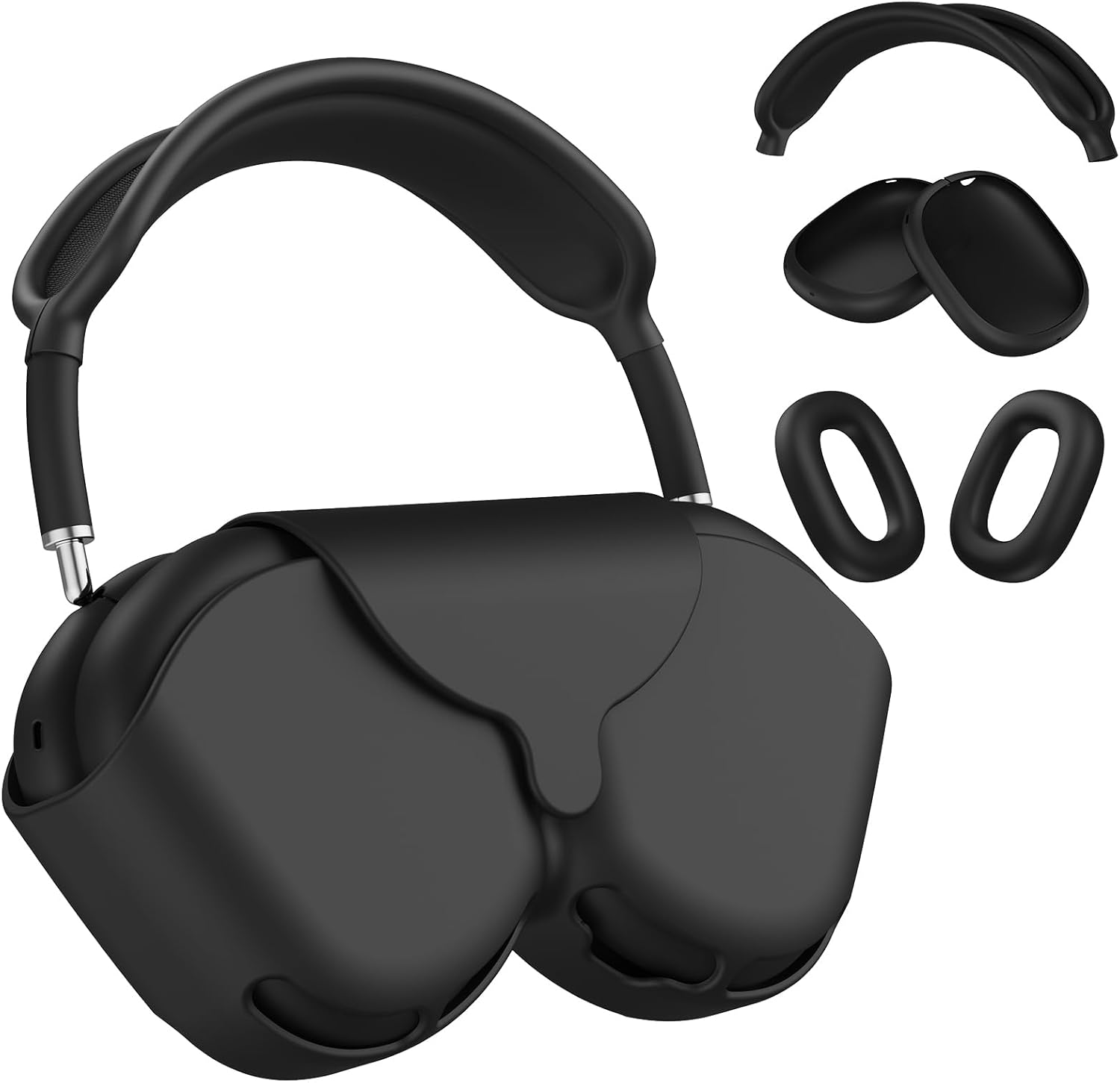 [4 in 1] Silicone Case Cover for AirPods Max (2024/2020), Protective Ear Pad/Ear Cups/Headband Cover Set, Anti-Scratch Dust-Proof Accessories for Apple AirPods Max Headphones (USB-C/Lightning) Black