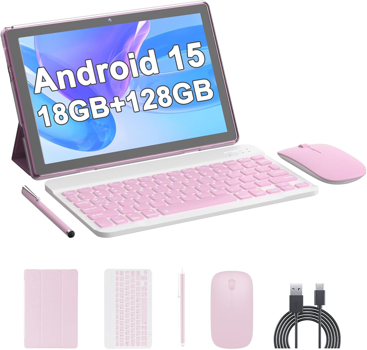 Android 15 Tablet, 10 inch 18GB RAM 128GB ROM, 2.0Ghz Quad-core Processor Tablet, 1280*800 IPS Touch Screen, 2.4G/5G WiFi, 2 in 1 Tablets with Keyboard, Case, Mouse, Stylus, 6000mAh Battery 8MP Camera