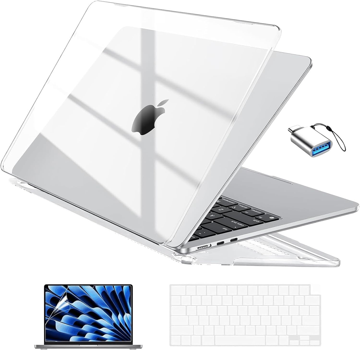 EooCoo Case Compatible with MacBook Air 13 inch M4 2025 2024 2023 2022 M3 M2 A3240 A3113 A2681, Clear Air 13.6″ Laptop Hard Shell Case + Keyboard Skin Cover + Screen Protector, Crystal Clear