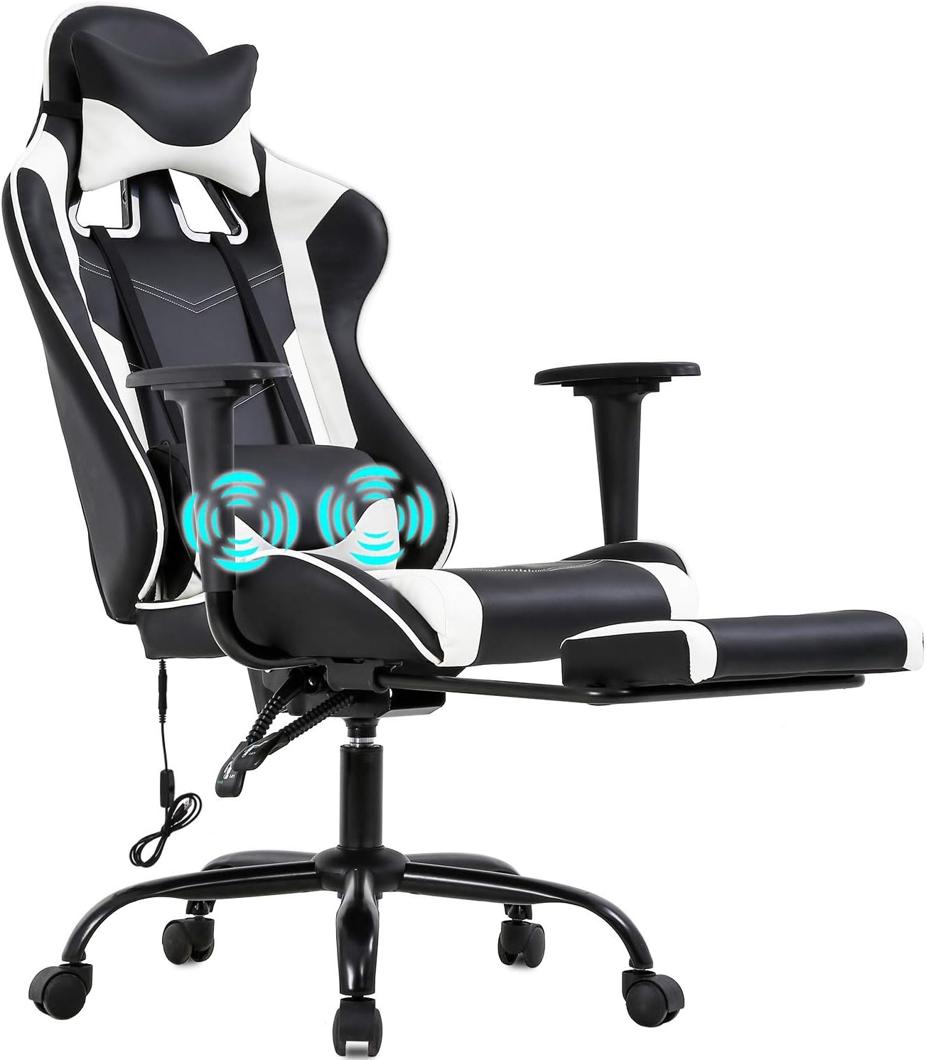 PC Gaming Chair Office Chair Ergonomic Massage PU Leather Recliner Computer Chair with Lumbar Support Rolling Swivel Task Chair for Adults, White
