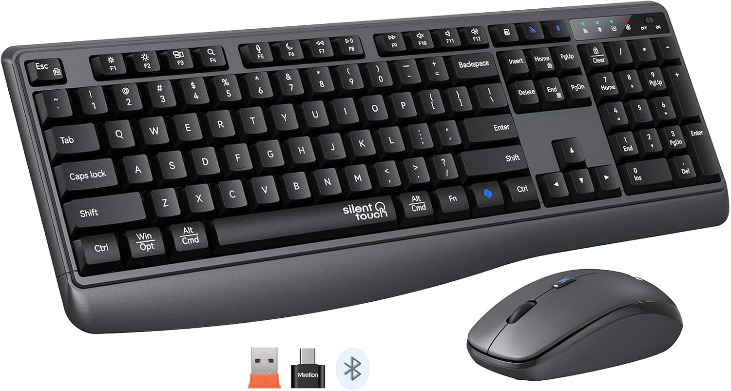 Wireless Keyboard and Mouse Combo, 2.4G/Bluetooth Silent Full-Size Cordless Keyboard Mouse Combo, 3800 DPI Optical Mouse, Wrist Rest, Portable Keyboard Mouse Set for Mac, Windows, Laptop