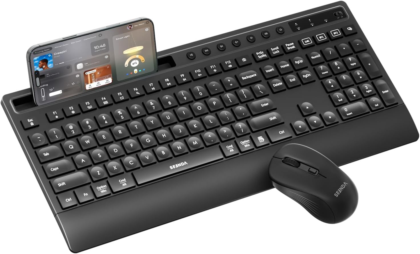 seenda Bluetooth Keyboard and Mouse, Multi-Device Ergonomic Keyboard Mouse with Wrist Rest, Phone Holder, Full Size Wireless Quiet Combo Compatible for Windows, Laptop, MacBook Pro/Air, iPad – Black