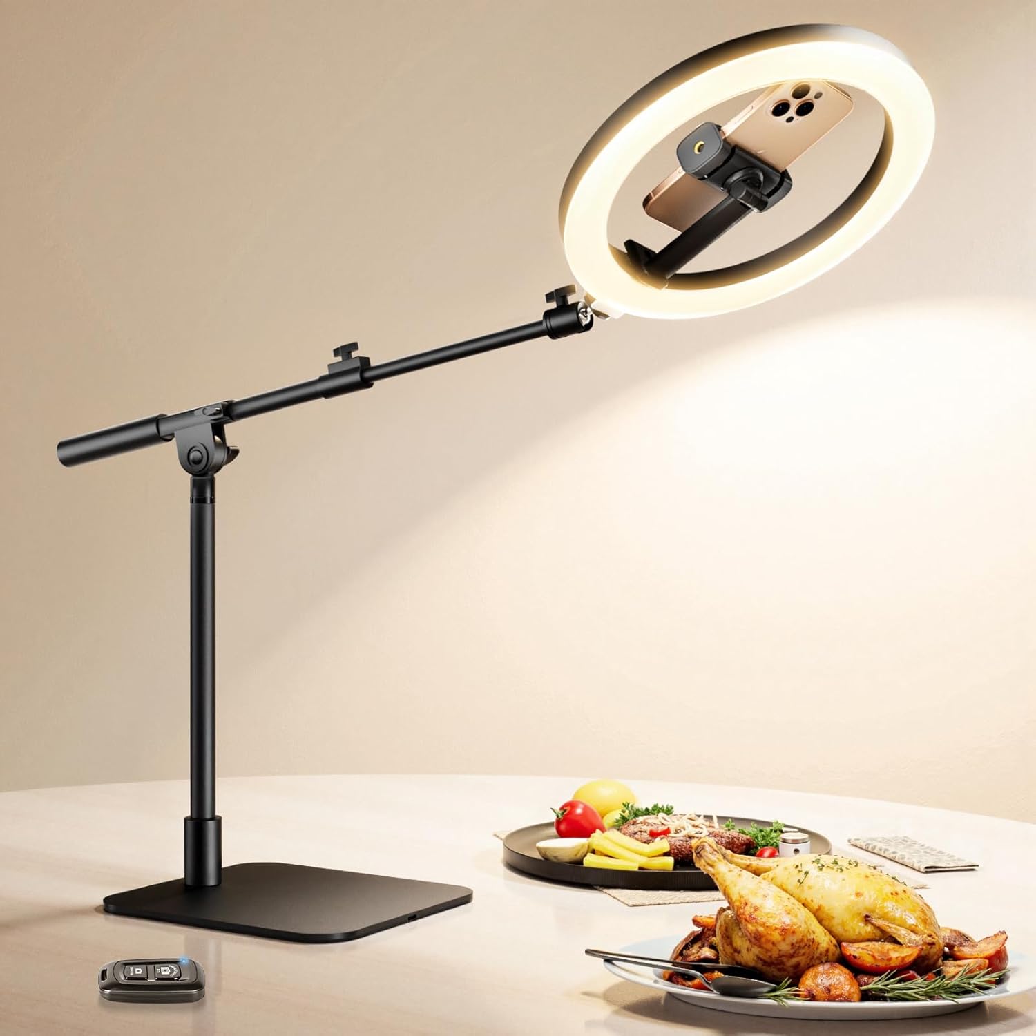 Ring Light with Stand for Desk,Adjustable Overhead Camera Mount with 10″ Ring Light Tripod for iPhone,Phone Tripod with Light and Remote Phone Holder for Video Recording,Live Stream,Cooking Video
