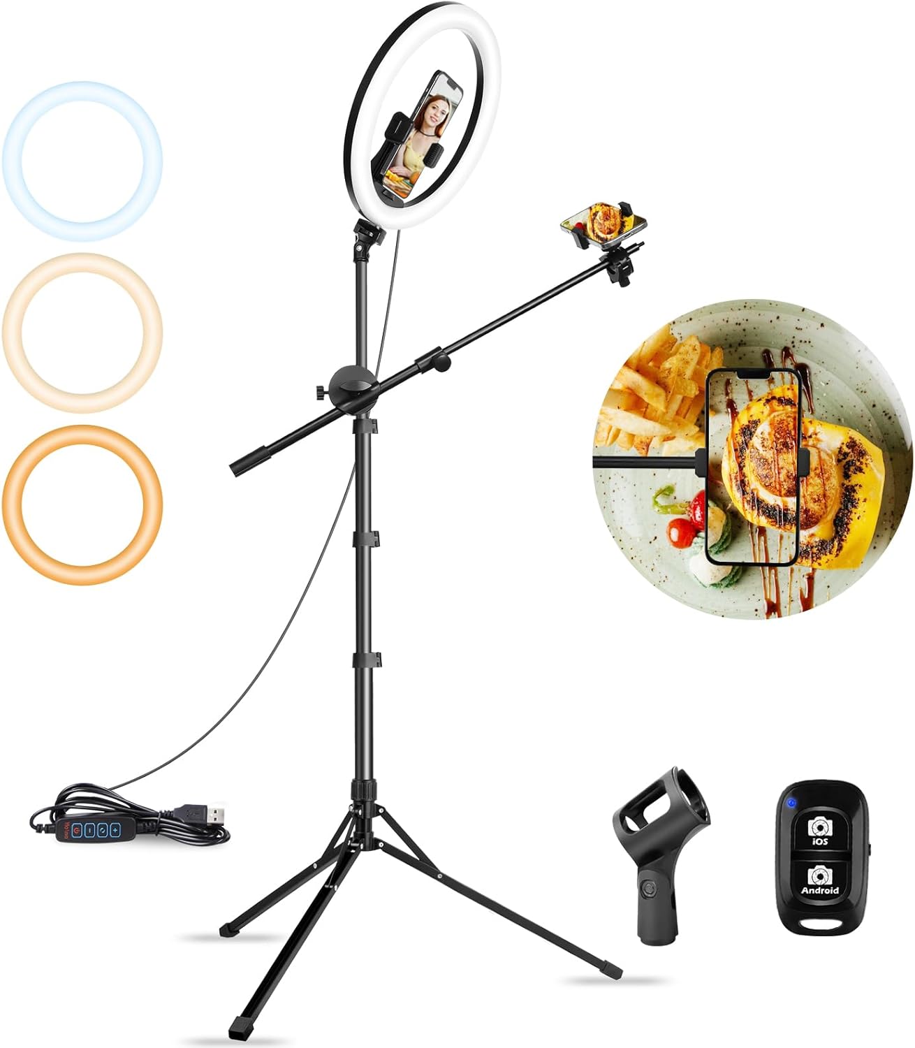 Aureday 12″ Selfie Ring Light with Stand and Phone Holder, Overhead Ringlight Tripod for iPhone Photography-LED Circle Lighting with Mic Mount&Remote for Video Recording/Live Streaming/Singing/Cooking