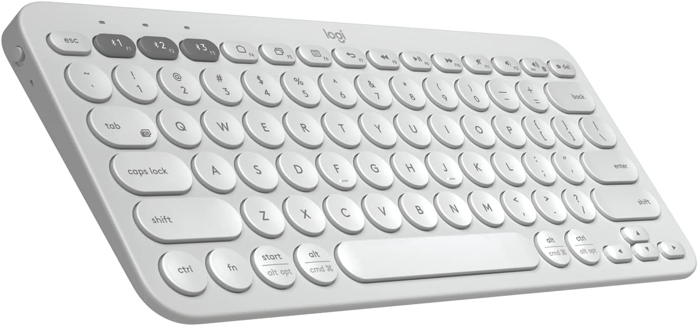 Logitech K380 Pebble Wireless Multi-Device Keyboard for Apple iOS, Apple TV android or Chrome, Bluetooth, Compact Space-Saving Design, PC/Mac/Laptop/Smartphone/Tablet – Off White