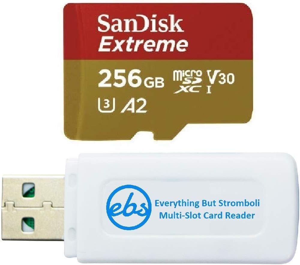 SanDisk Micro SD 256GB Extreme UHS-I Memory Card Compatible with Samsung Galaxy A24, A14 5G, A54 5G, A34 5G Model Phones SDSQXAV-256G-GN6MN – Bundle with 1 Everything But Stromboli MicroSDXC Reader