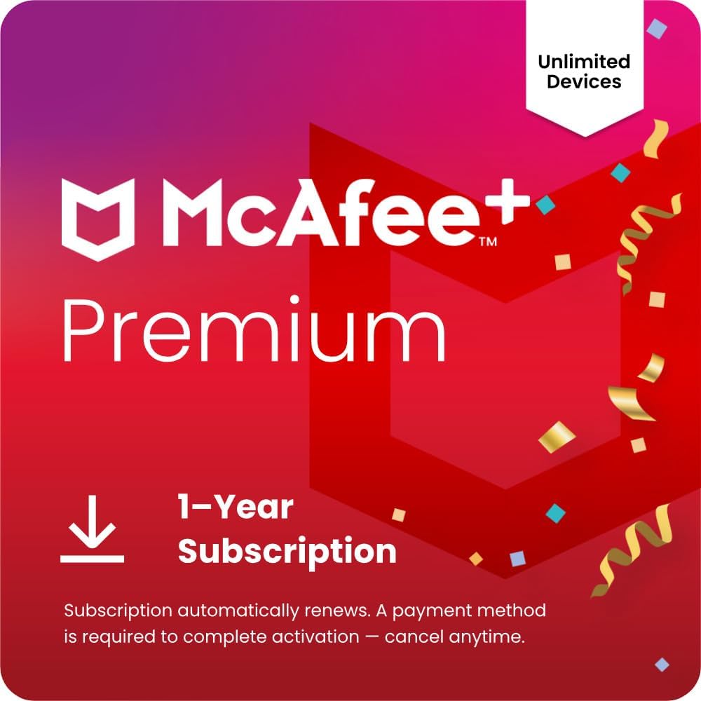 McAfee+ Premium Individual Unlimited Devices 2025 | Cybersecurity Software Includes Antivirus, Secure VPN, Scam Protection, Identity Monitoring | 1-Year Subscription with Auto-Renewal | Download