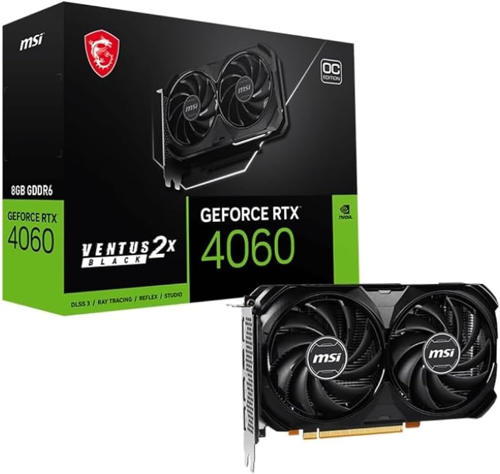 MSI GeForce RTX 4060 Ventus 2X Black 8G OC Gaming Graphics Card – 8GB GDDR6X, PCI Express Gen 4, 128-bit, 3X DP v 1.4a, HDMI 2.1a (Supports 4K & 8K HDR)