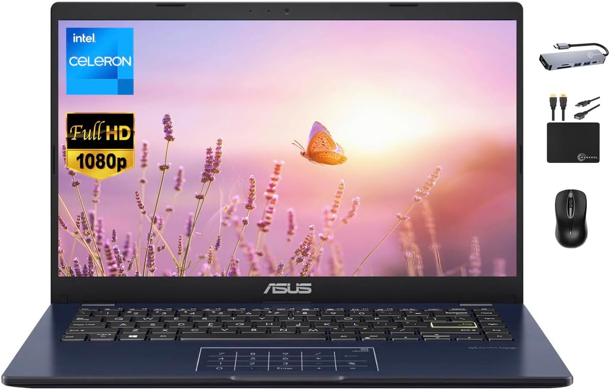 ASUS Vivobook Ultrathin Go Laptop 2024Newest, 14” FHD Display, Dual-Core Intel Celeron N4500 (Upto 2.80GHz), 4GB RAM, 128GB (64GB eMMC+64GB SD), Webcam, Long Battery, Windows 11S +MarxsolAccessory