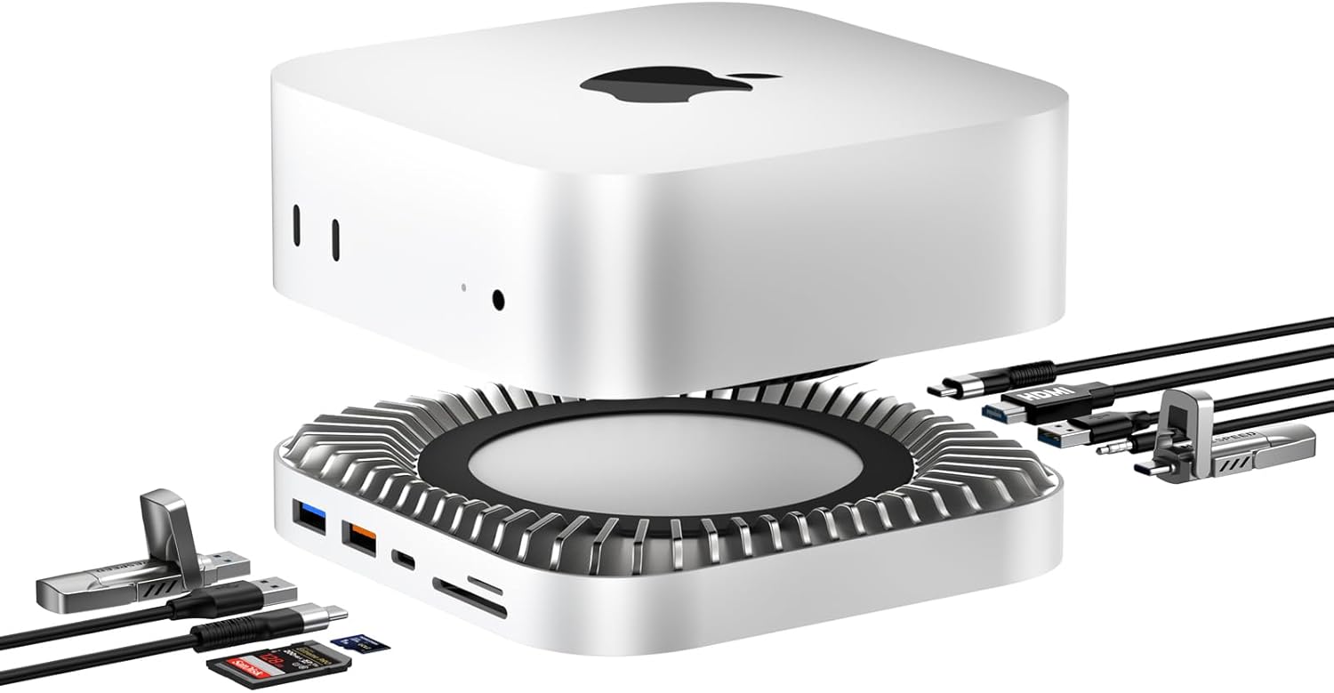 Mac mini M4 Dock, Aluminum Stand and HDMI Hub for Mac mini M4 and M4 Pro 2024 with M.2 NVMe/SATA SSD Enclosure, 4K60Hz HDMI,10G USB A/C, 5G USB A*2, USB-C Charge, SD/TF, Audio