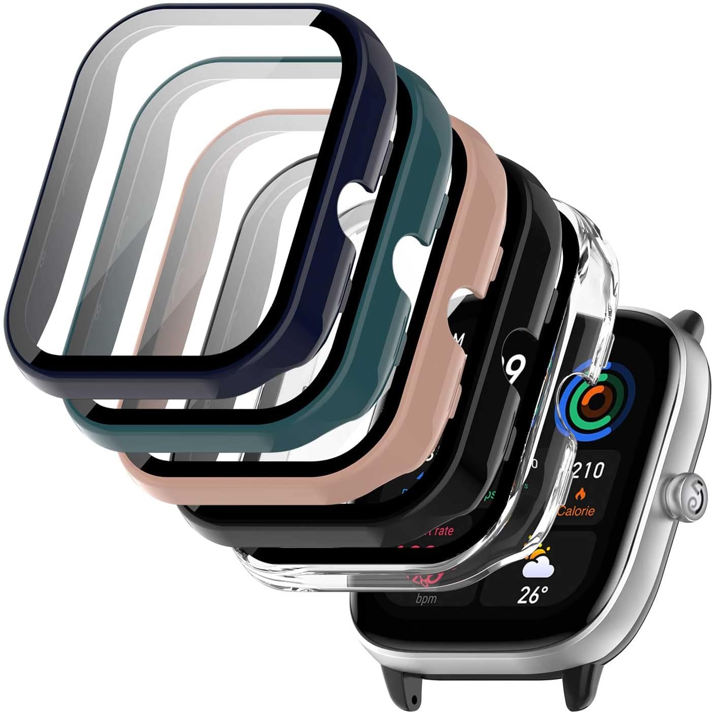 [5-Pack] Case Compatible with Amazfit GTS 4 Mini with Tempered Glass Screen Protector, Smartwatch Full Protective Hard PC Bumper Case Face Cover for Men Women